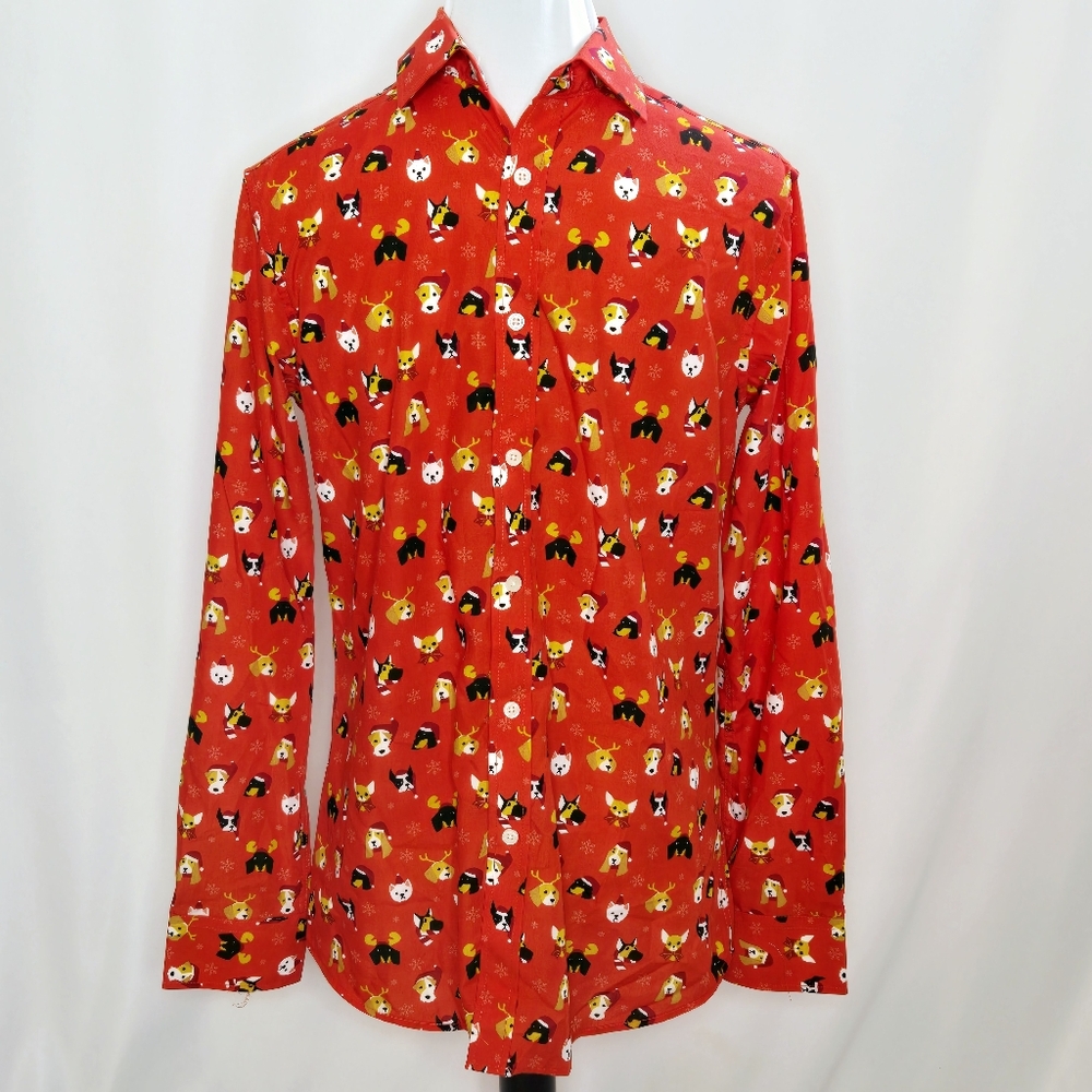 Simon Banks Doggie Christmas Holiday Button Down Shirt Size Small